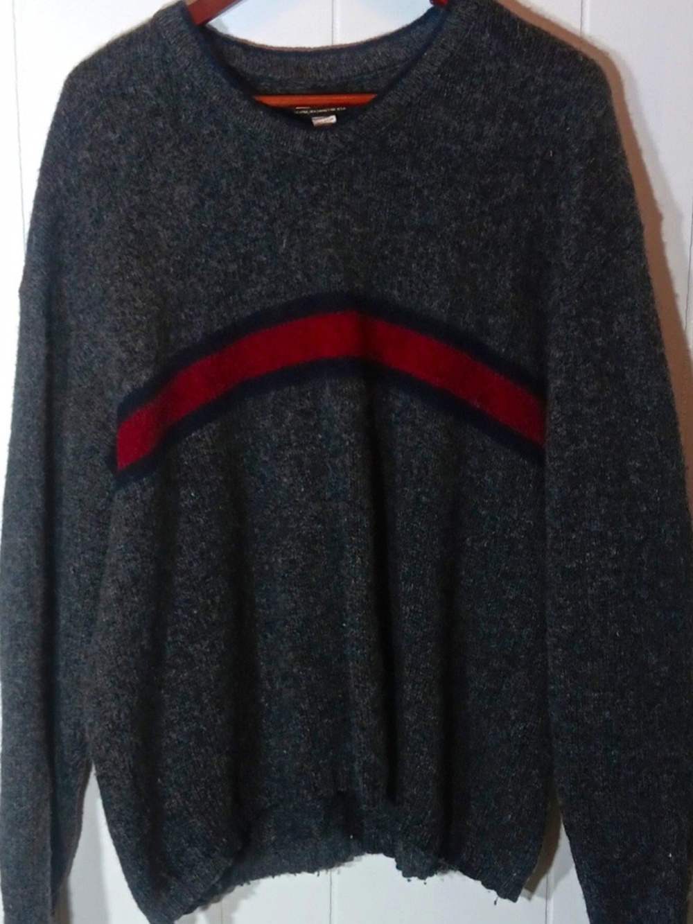 Gerry Weber Wool Gray Crewneck Sweater with Red and Navy Stripe